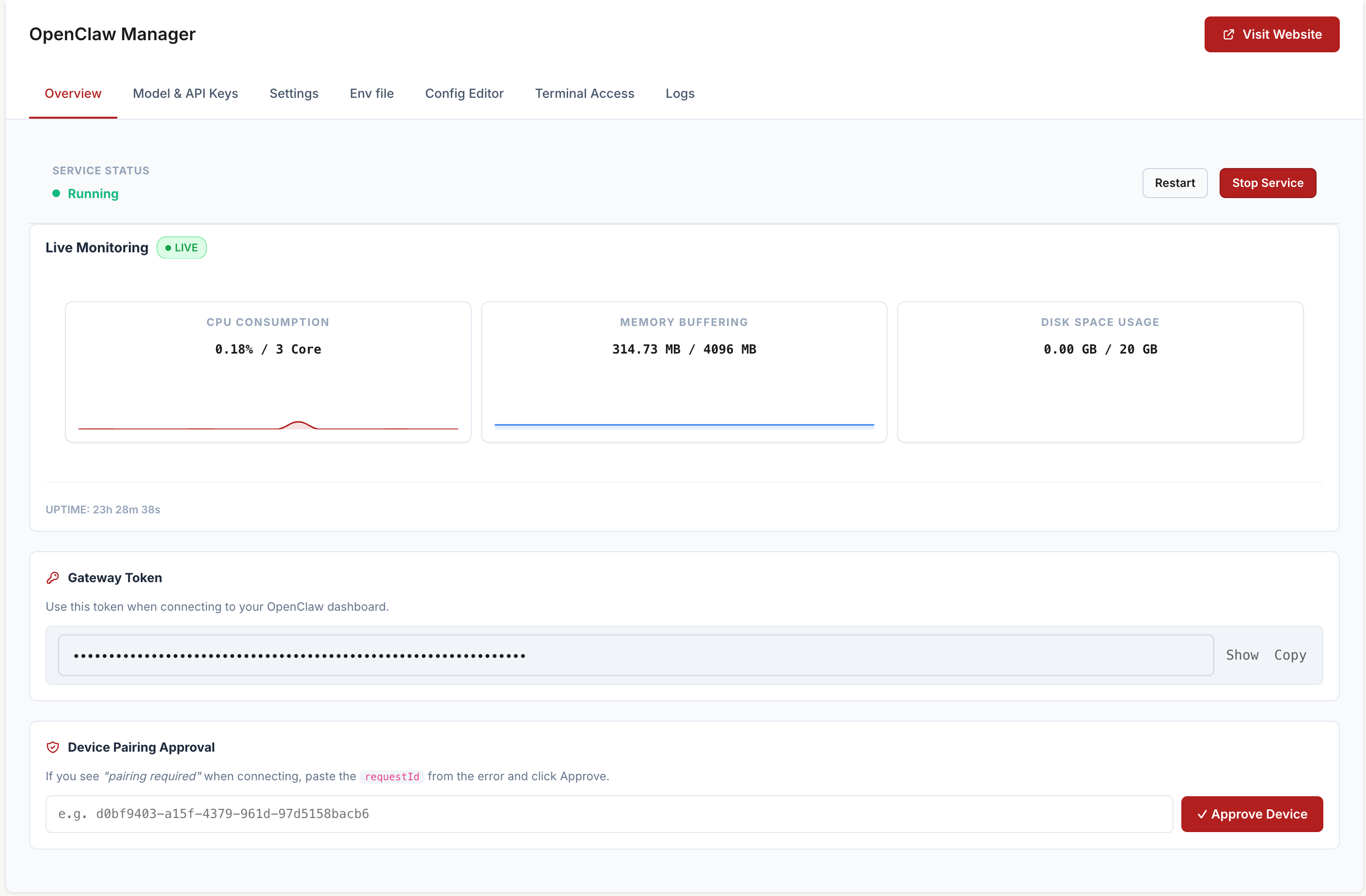OpenClaw Manager dashboard for OpenClaw Hosting BD customers — live CPU, memory and disk monitoring on SNBD HOST